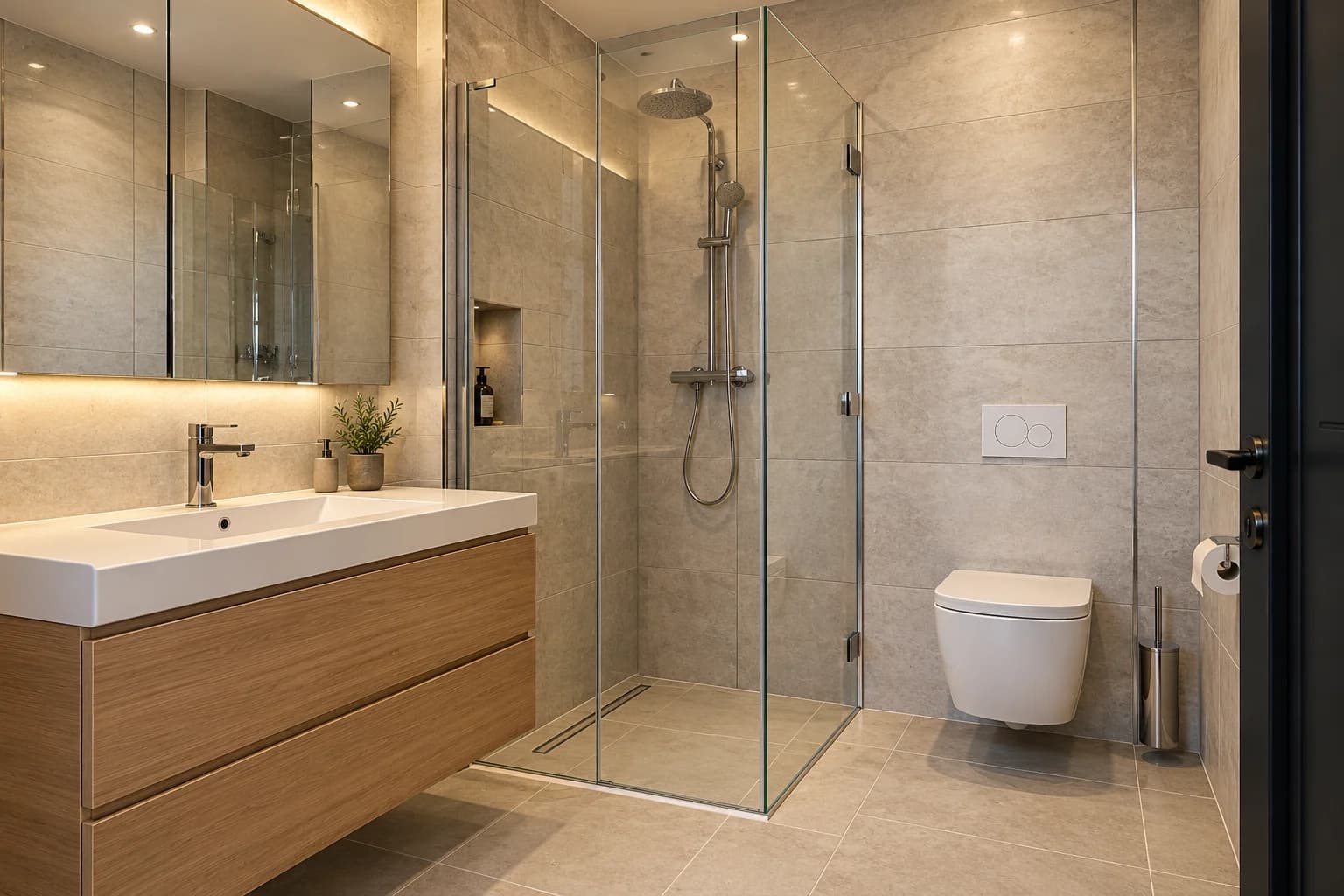 Meşe dolaplı modern duşakabin banyo